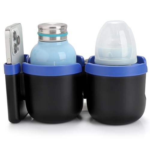 Accmor Stroller Cup Holder with Phone Holder, Bike Cup Holder, Universal Cup Holder for Uppababy Nuna Strollers, 2-in-1 Drinks Holder for Walker, Wheelchair, Scooter - color: Double Holder-Blue