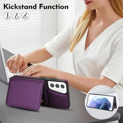 Phone Case for Samsung Galaxy S21 Plus S21+ 5G Wallet Cell Cover with Tempered Glass Screen Protector Wrist Crossbody Strap RFID Blocking Card Holder S21+5G S21plus 21S + S 21 21+ G5 Women Dark Purple - color: Dark Purple