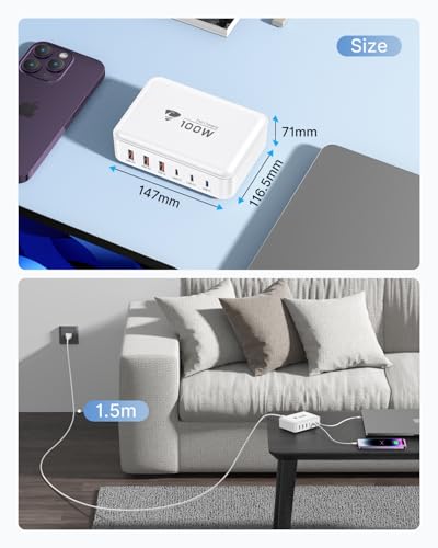 USB C Fast Charger, 100W GaN 6 Port USB C Fast Charging Station Hub Block Cube, QC USB A and PD USB C Wall Charger Power Multiple USB Charger Plug for iPhone 17 16 15 14 13 12 Pro Max, iPad, Samsung