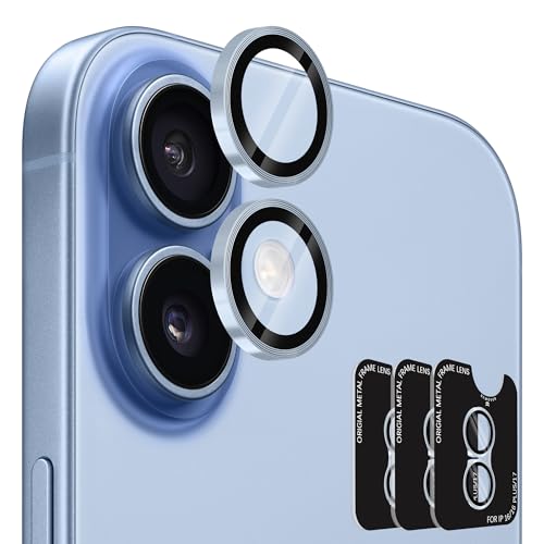 Orzero (3 Sets) Camera Lens Protector Compatible for iPhone 17 6.3"/16 6.1”/16 Plus 6.7“, Protector de Cámera One-Step Installation Tray Individual Metal Ring Glass Cover Case Friendly - Light Blue