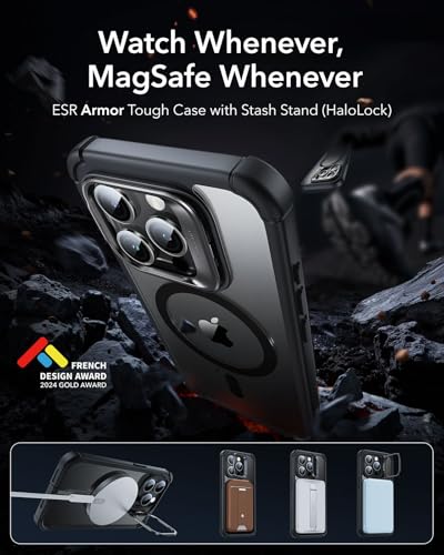 ESR for iPhone 15 Pro Case with Stand, Compatible with MagSafe, Full-Body Military-Grade Drop Proof Case with Built-in 9H+ Tempered Glass Screen Protector, Armor Series, Clear Black - color: Clear Black + Stand