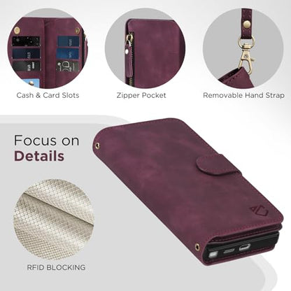 for Samsung Galaxy S24-Ultra-Wallet Case: with RFID Blocking Card Slots (6 Cards) | Soft PU Leather Magnetic Snap Zipper Pocket | Crossbody Wrist Strap Protective Phone Cover - Claret - color: Claret, size: Galaxy S24 Ultra（6.8‘’）