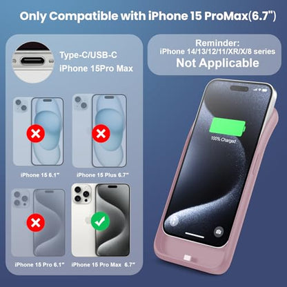 Battery Case for iPhone 15Pro Max, Upgrade 8600mah Portable Slim Battery Charging Case, 15W Fast Charging Rechargeable Protective Extended Charger Cover for iPhone 15 Pro Max (6.7 inch)-Pink - color: Pink