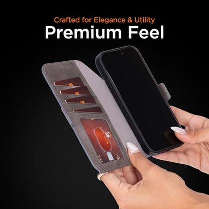 Bayelon Leather Folio Case for iPhone 17 Pro 6.3", Flip Cover Card Holder, Genuine Leather Case, Folio Wallet Case, MagSafe Compatible Shockproof Flip Cover, Rfid Blocking -Smoked Black - color: Smoked Black, size: iPhone 17 Pro