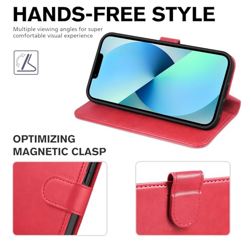 TUCCH Wallet Case for iPhone 13 (6.1") 2021, 3 Card Slots, Red | RFID Blocking, Viewing Stand, Shockproof TPU Shell, PU Leather, Magnetic Closure, Protective Folio Flip Cover - color: Red