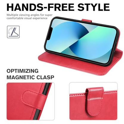 TUCCH Wallet Case for iPhone 13 (6.1") 2021, 3 Card Slots, Red | RFID Blocking, Viewing Stand, Shockproof TPU Shell, PU Leather, Magnetic Closure, Protective Folio Flip Cover - color: Red