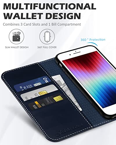 SHIELDON Leather Case Wallet for iPhone iPhone SE3/SE2/8/7, Retro Dark Blue | Genuine Leather, Folio Magnetic Closure, RFID Blocking, Credit Card Holder, Kickstand, Shock Absorbing Protective Cover - color: Dark Blue - Retro