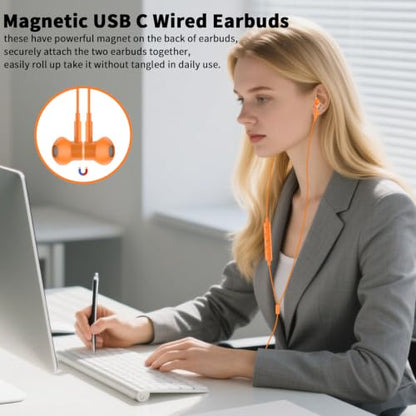 USB C Earbuds Wired Headphone for iPhone 18 Pro Max 17 16 15,Orange - color: Orange