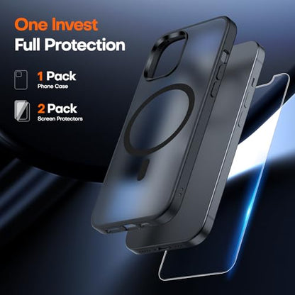 TAURI 3 in 1 Magnetic for iPhone 13 Pro Case Matte Black, with 2X HD Screen Protector, 12 FT Drop Protection, Compatible with Magsafe Case for iPhone 13 Pro Phone Case 6.1 inch - color: F-Matte Black