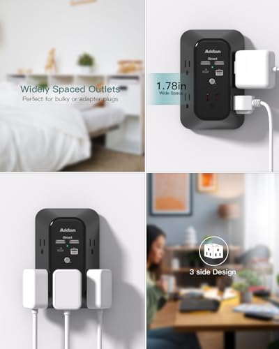 Addtam 5-Outlet Extender Surge Protector, Multi Plug Wall Outlet with 4 USB Wall Charger(PD 20W), Plug Extension Outlet 1800J, Outlet Splitter Power Strip for Home Office Dorm Room Essentials, Black - style: 2C2A PD 20W