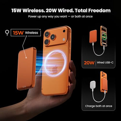 Qi2 Certified Magnetic Power Bank 10000mAh, 15W Fast Wireless Charger, Ultra-Slim LiFePO4 Battery Pack with 20W PD USB-C, Portable Charger for iPhone 17-12, Apple Watch & AirPods - color: Orange
