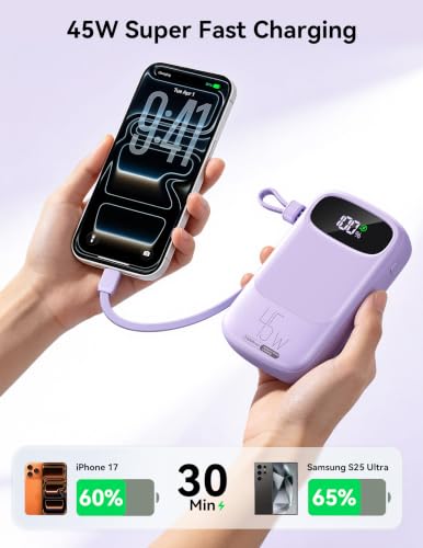 RETMSR Portable Charger 20000mAh 45W USB C Fast Charging, Built-in Cable - color: Taro Purple
