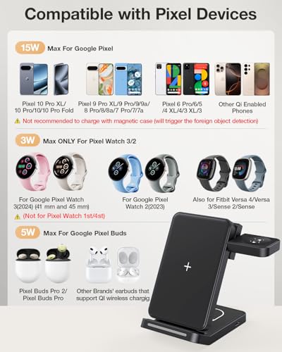 Meifigno 3 in 1 Foldable Wireless Charger for Google Pixel Watch 3/2, Black - color: Black