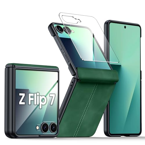 for Samsung Galaxy Z Flip 7 Case with Hinge Protection & Built-in Screen Protector, Ultra Thin Stylish Leather Matte PC Durable Shockproof Cover Phone Case for Galaxy Z Flip 7-Green - color: Green, size: Z Flip 7