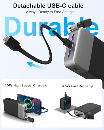 NOBIS Portable Charger 20000mAh 45W Power Bank with Detachable C-Cable - color: Black