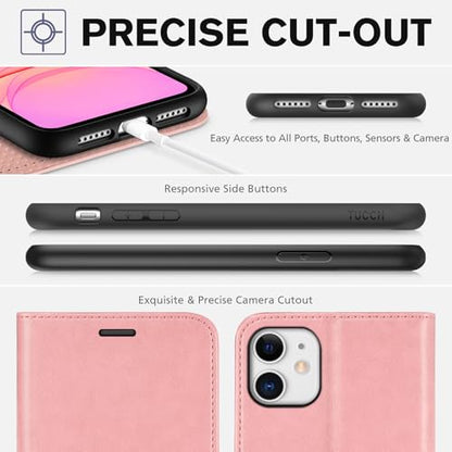 TUCCH Wallet Case for iPhone 11 (6.1") 2019, 3 Card Holders, Rose Gold | RFID Blocking, Viewing Stand, Shockproof TPU Shell, PU Leather, Magnetic Closure, Protective Folio Flip Cover - color: Rose Gold