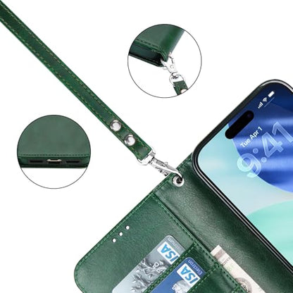 Bocasal Detachable Wallet Case Card Holder for iPhone 17 Pro Max Green | RFID Blocking Kickstand Card Slots Holder PU Leather Magnetic Shockproof Wrist Strap Removable Flip Protective Cover 6.9 inch - color: Green