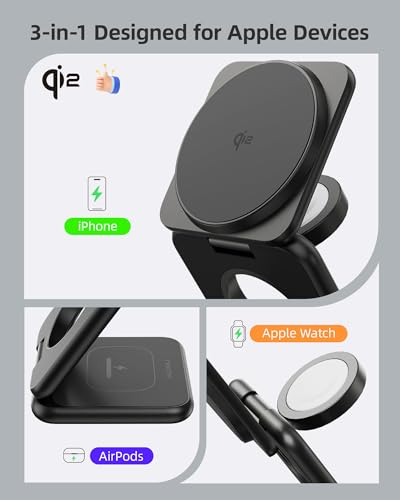 KUXIU Qi2-Certified 15W 3 in 1 Magnetic Wireless Charging Station for Apple - color: Black