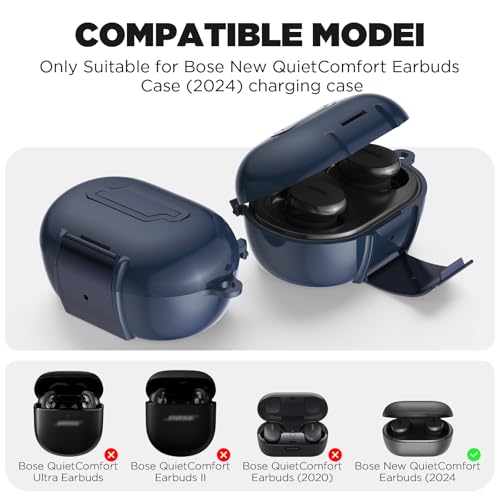 for Bose New QuietComfort Earbuds Case (2024), TPU Protective Cover with Phone Holder Stand & Double Safety Lock, Supports Wireless Charging, Includes Carabiner and Cleaning Pen (Navy Blue) - color: Navy Blue