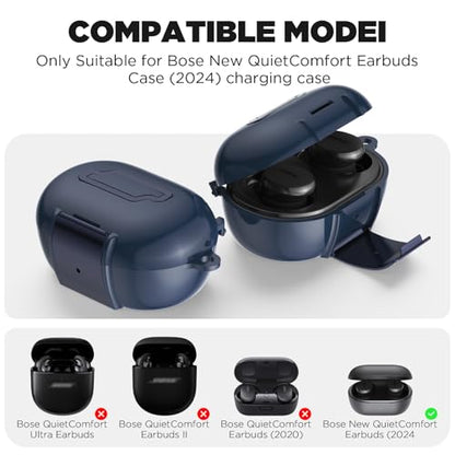 for Bose New QuietComfort Earbuds Case (2024), TPU Protective Cover with Phone Holder Stand & Double Safety Lock, Supports Wireless Charging, Includes Carabiner and Cleaning Pen (Navy Blue) - color: Navy Blue
