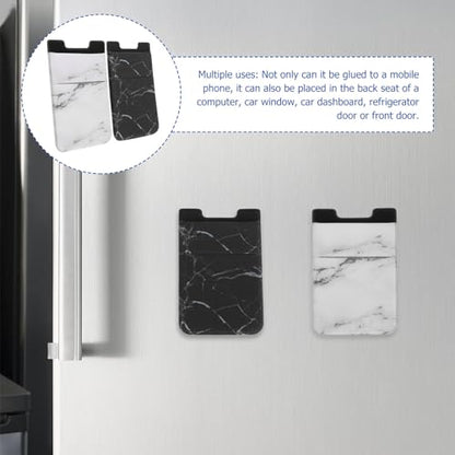 Housoutil 2pcs Double-layer Stretch Fabric Adhesive Phone Card Holder Wallets for Smartphones, Lightweight Secure Cards Pocket with White and Black Marble Patterns, Cell Phone Wallets