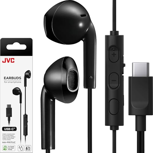JVC USB-C Wired Earbuds Headphones, Delay-Free for Videos and Gaming, Built-in DAC Reduces Noise and Improves Sound Quality, 10.7 mm Diameter Neodymium Drivers - HAFR17UCB (Black) - color: Black