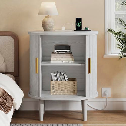 DHH Mid Century Modern Nightstand with Charging Station, Fluted Accent Side Table with Sliding Door & Adjustable Shelf, End Table for Small Space, Living Room, Bedroom,Sofa Couch(1, White) - color: Grayish White