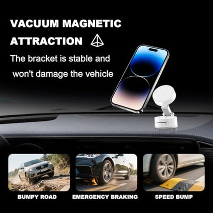 Vacuum Suction Magnetic Car Phone Holder, Rotatable Foldable Vehicle Smartphone Mount for Windshield Smooth Surface, Adjustable Automotive Cellphone Stand, Universal Fit (White)