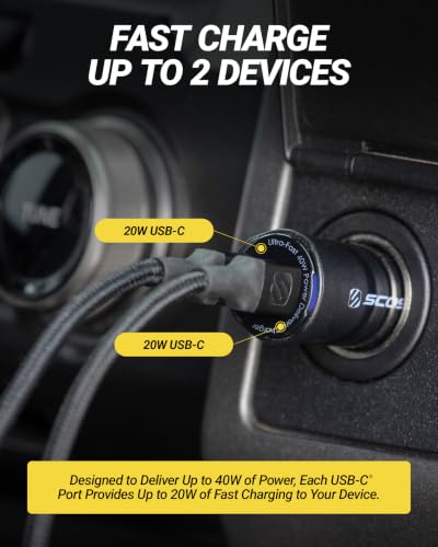Scosche CPDCC40M PowerVolt 40W Certified Dual Port USB-C Car Charger, Flush Cigarette Lighter Adapter, Fast Charging Car Plug for 12V Power Outlet Compatible with iPhone, Galaxy and All USB-C Devices - size: Dual Port, style: 40W