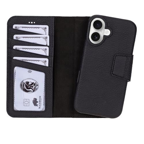 BLACKBROOK Case for iPhone 16 Wallet Case with Card Holder, Full Grain Leather, Detachable 2-in-1 Set for MagSafe, RFID Blocking 4 Card Slots, Flip Phone Case Compatible with iPhone 16 - color: Pebble Black, size: iPhone 16