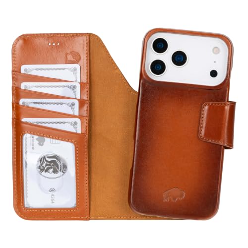 BLACKBROOK Detachable Leather Wallet Case for iPhone 17 Pro Max | Handmade Folio Wallet Design, RFID Blocking, 3 Card Slots, Visible ID, Kickstand - color: Burnished Tan, size: iPhone 17 Pro Max