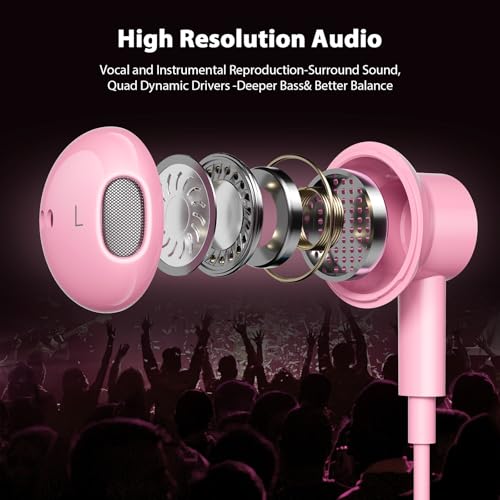 Jelanry Magnetic USB-C Wired Earbuds HiFi Stereo Headphones with Mic, Pink - color: Pink