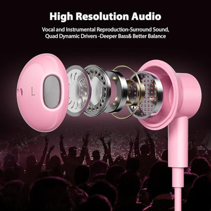 Jelanry Magnetic USB-C Wired Earbuds HiFi Stereo Headphones with Mic, Pink - color: Pink