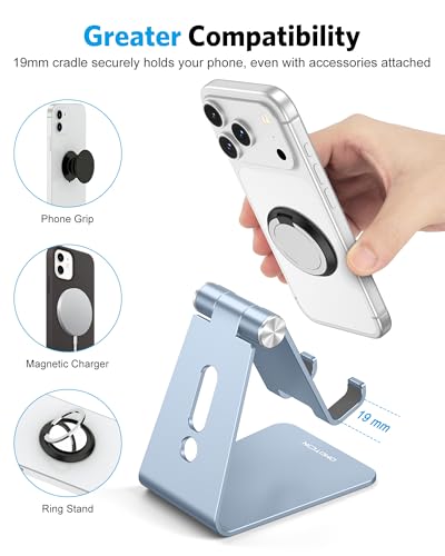 OMOTON Adjustable Cell Phone Stand, Aluminum Desktop Cellphone Stand with Anti-Slip Base and Convenient Charging Port, Fits All Smart Phones, Light Blue - color: Light Blue