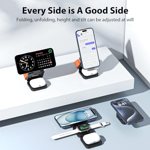 KU XIU X55 Foldable 3 in 1 Charging Station for Apple Devices, 15W Fast Magnetic Wireless Charger, Magent Travel Charger Stand for iPhone 16 15 14 13 12 Series, 5W for Apple Watch, AirPods-Black - color: Black