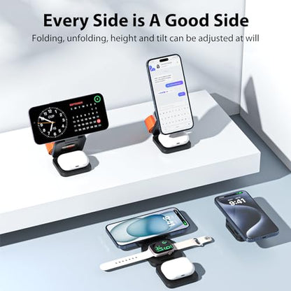 KU XIU X55 Foldable 3 in 1 Charging Station for Apple Devices, 15W Fast Magnetic Wireless Charger, Magent Travel Charger Stand for iPhone 16 15 14 13 12 Series, 5W for Apple Watch, AirPods-Black - color: Black