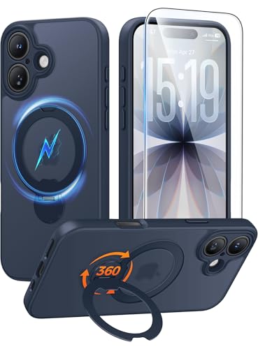 FNTCASE for iPhone 17 Case with 360 Spin Magnetic Stand Deep Blue | Compatible with Magsafe,Screen Protector,Full Camera Protection,Translucent Matte Military Grade Shockproof Phone Cover - color: Deep Blue, size: For Iphone 17 6.3 Inch