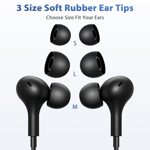 USB C Headphones with Case & Mic Wired Earbuds 90° Angled for Apple Android - color: Black