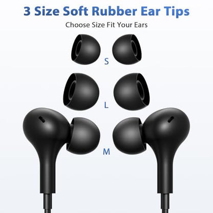 USB C Headphones with Case & Mic Wired Earbuds 90° Angled for Apple Android - color: Black