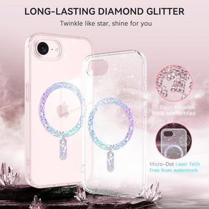 DUEDUE for iPhone 17E/16E Case Magnetic[Compatible with MagSafe], Clear Glitter Anti-Yellowing Bling Sparkle Transparent Phone Case for iPhone 17E/16E 6.1", Clear/Glitter