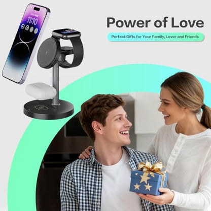3 in 1 Wireless Charging Station Compatible with MagSafe, 15W Fast Charging Magnetic Mag-Safe Charger Stand for Apple iPhone 17 16 15 14 13 12Series Apple Watch AirPods Pro 4 3 2, Gifts for Men Women