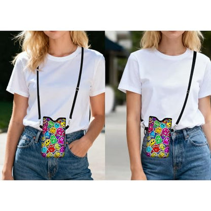 Men Women Neoprene Cell Phone Sleeve Pouch Case Bag with Crossbody Strap/Neck Lanyard 7.5 X 4.3 in (Whimsical Cartoon Monster Pattern) - color: Whimsical Cartoon Monster Pattern