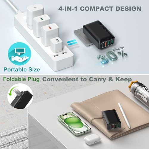 Flat USB C Charger Block, OKRAY 40W 4-Port Fast Charging Foldable Wall Plug - color: Black - 1Pack