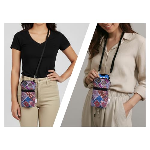 Tainada Small Crossbody Zipper Phone Neck Pouch (Bohemian Pattern) mini Neoprene Dual Zip Wallet Purse Bag; Water-Resistant, Shockproof, Lightweight; Adjustable & Detachable Strap - color: Bohemian Pattern