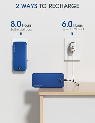citicr Portable Charger 20000mAh PD20W w/Built-in Cables & Wall Plug Navy - color: Indigo