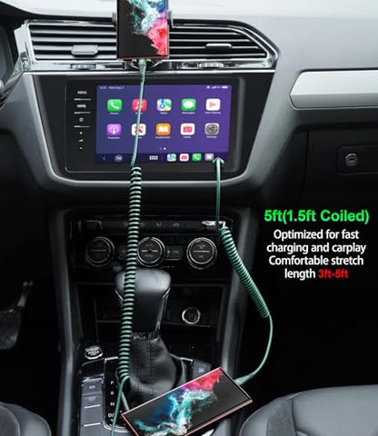 USB C Cable Fast Charging 60W 5FT 2Pack Coiled USB A to USB C Cable for Car - color: Green, size: 5FT, style: USB A to USB C