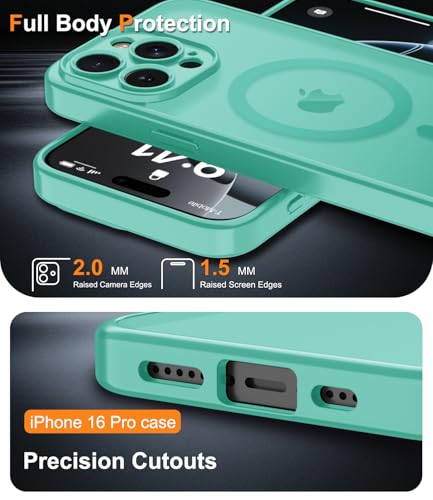Magnetic Case for iPhone 16 Pro Case with Screen Protector+Wrist Strap | Compatible with MagSafe,Full Camera Protection,Slim Translucent Matte Phone Cover,Turquoise - color: Turquoise