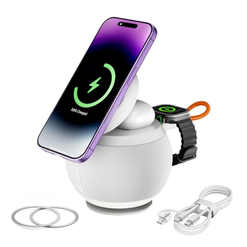 Bluetooth Speaker with Wireless Charging Stand, Brown, White - color: White