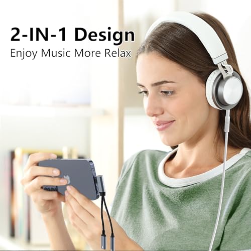 Right Angle 2-in-1 Lightning to 3.5mm Audio Aux Jack Headphone + Charge Cable Adapter iPhone,90 Degree Earphone Converter Splitter for Music+Charge+HiFi with iPhone 14 13 12 11【Apple MFi Certified】