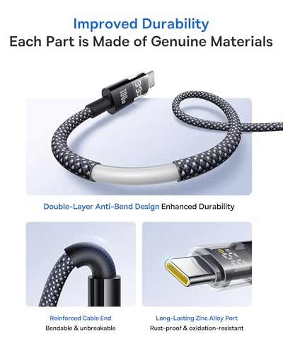 Baseus USB C Cable, 100W 5A Fast Charging USB C Charger Cable with LED Display, Zinc Alloy Nylon Braided USB C to USB C Cable for iPhone 16/Pro/Plus/Pro Max, MacBook, iPad Pro, Galaxy S24/S23 (6.6ft) - size: 6.6ft